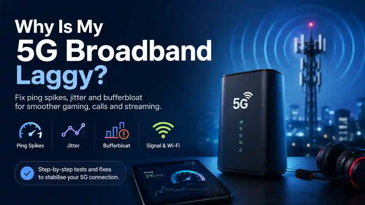 Dark 3D illustration of a 5G router, mobile mast and network latency diagnostics