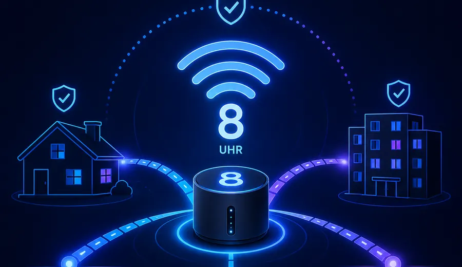 Wi-Fi 8 router graphic explaining 802.11bn Ultra High Reliability UHR and latency improvements in busy UK homes