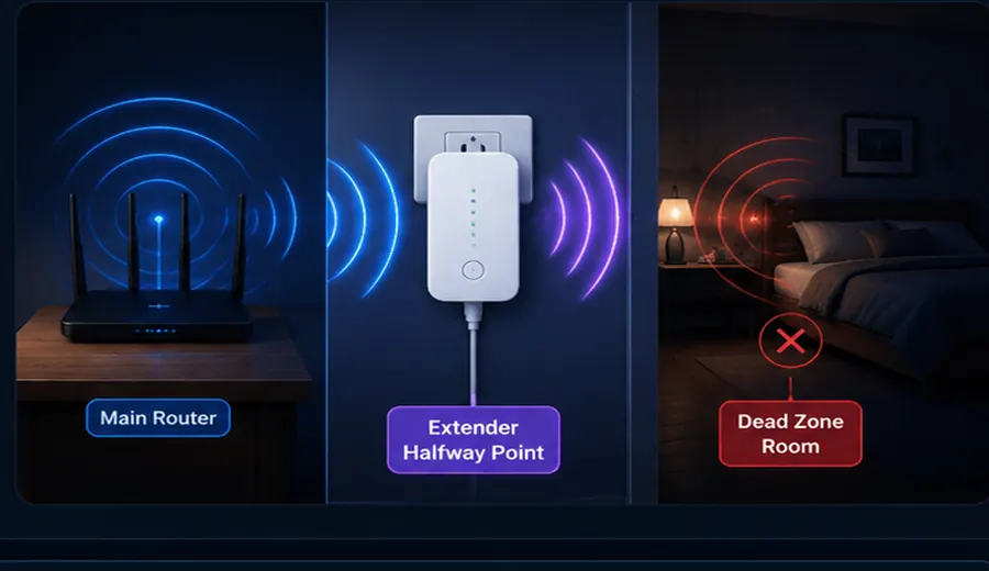 Wi-Fi extender placed halfway between a main router and a dead zone room