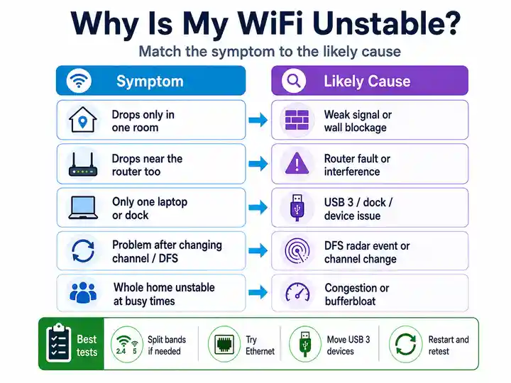 Wi-Fi instability symptom map matching one-room drops, router-area drops, USB dock issues, DFS channel changes and busy-time instability to likely causes.