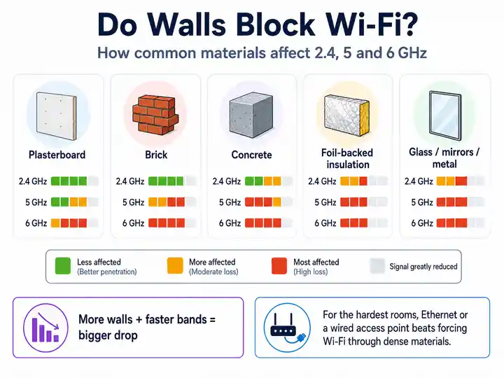 Comparison diagram showing how plasterboard, brick, concrete, foil-backed insulation and glass or metal affect 2.4 GHz, 5 GHz and 6 GHz Wi-Fi.