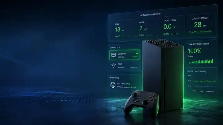Xbox network diagnosis showing gaming console, controller, ping, jitter, packet loss, loaded latency, Wi-Fi, Ethernet and NAT status